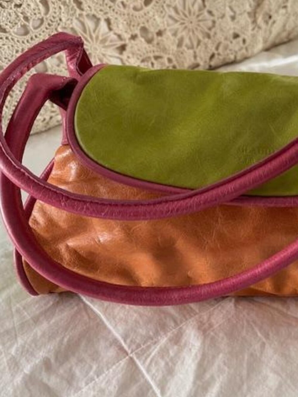 Claudia Firenze Pink & Lime Leather Handbag made in Italy w/Charms/New Vintage - Picture 2 of 6